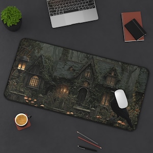 Cottagecore Raven Desk Pad, Gothic Desk Mat, Dark Academia Mouse Pad, Vintage Book Candle Mat, Large Office Gaming Desk Cover