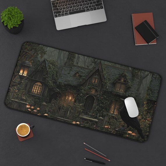 Cottagecore Raven Desk Pad, Gothic Desk Mat, Dark Academia Mouse Pad, Vintage Book Candle Mat, Large Office Gaming Desk Cover