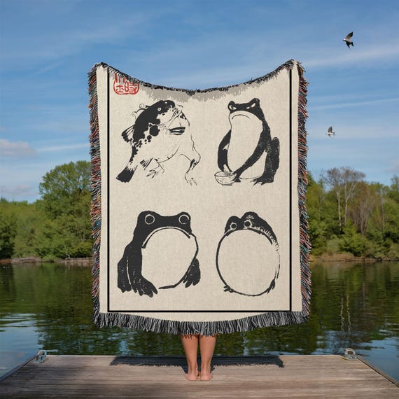 Matsumoto Shoji Frog Blanket, Japanese Frog Toad Throw, Retro Water Demon Folklore, Vintage Shirikodama Art, Grumpy Frog woven Tapestry