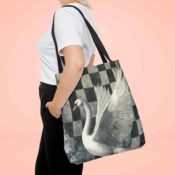 swan gift tote, checkered, swan bag, swan drawing, gift for her, shoulder bag, cute tote bags, ballet tote, valentine gift, White swan
