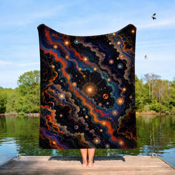 Cosmic dreamscape with radiant stars, Trippy Cosmic Blanket, Psychedelic Black hole, Rave Decor, Groovy Throw