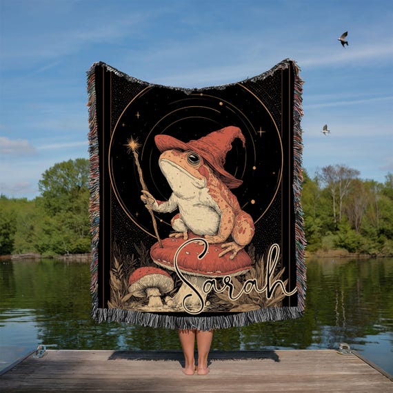 Wizard Frog Woven Blanket: Custom Name, Goblincore Blanket, Enchanted Woodland Decor