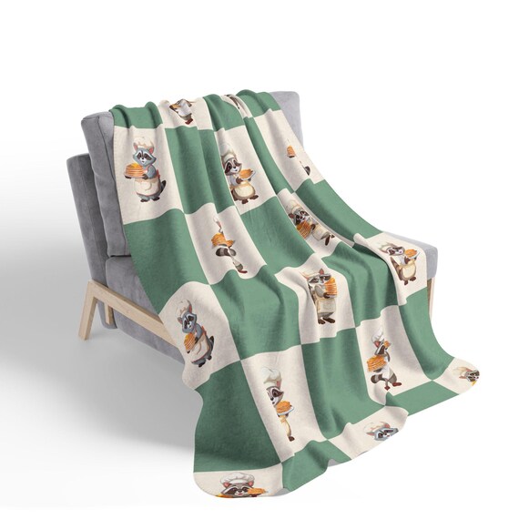 Raccoon Chef Pancake Blanket, Cute Raccoon Blanket, Green & Cream Checkered Cozy Throw, Cute Animal Kitchen Decor, Fun Gift for Food Lovers