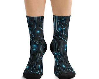 Cyberpunk Tech Circuit Board Socks • Futuristic Neon Blue Pattern • Geek Gift • Gamer Crew Socks • Sci-Fi Aesthetic Streetwear