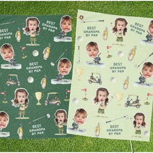 May include: Two golf-themed towels with a repeating pattern of golf balls, golf clubs, golf carts, and a child's face. The text "BEST GRANDPA BY PAR" is also featured. One towel is green, the other is light green.