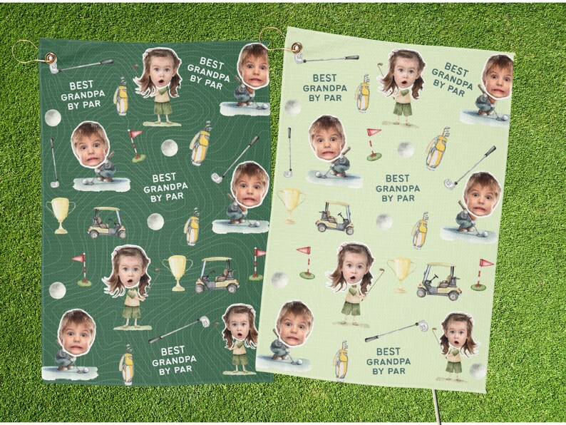 May include: Two golf-themed towels with a repeating pattern of golf balls, golf clubs, golf carts, and a child's face. The text "BEST GRANDPA BY PAR" is also featured. One towel is green, the other is light green.