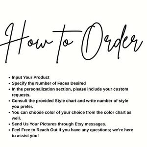 May include: White background with black handwritten text that reads "How to Order." Bullet points below detail the ordering process: input product, specify faces, include custom requests, consult style chart, choose color, send pictures, and reach out for assistance.