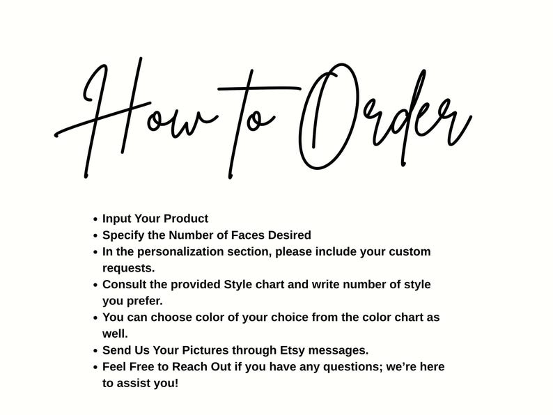 May include: White background with black handwritten text that reads "How to Order." Bullet points below detail the ordering process: input product, specify faces, include custom requests, consult style chart, choose color, send pictures, and reach out for assistance.