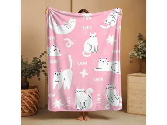 Custom Name Pet Blanket, Fluffy Pink Cat Blanket, Personalized Kitten Blanket, Cat Lover Gift, Throw for Pet Owners available in 4 types