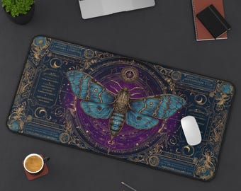 Tarot Card Moth Desk Mat, Occult Gaming Mouse Pad, Witchy Gothic Desk Decor, Dark Academia Esoteric Workspace Gift
