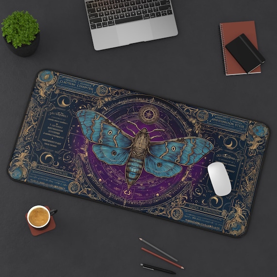 Tarot Card Moth Desk Mat, Occult Gaming Mouse Pad, Witchy Gothic Desk Decor, Dark Academia Esoteric Workspace Gift