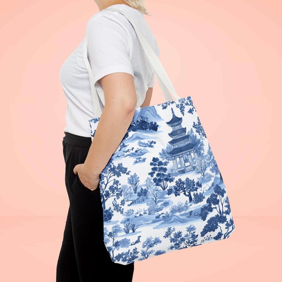 chinoiserie Tote, toile tote bag, chinoiserie tote bag, blue toile de jouy, cute gift mom, Asian tote, floral shopping bag, blue white bag