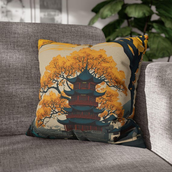Chinoiserie Pagoda Cushion & Covers – Oriental Decor, Autumn Scene Pillow, Asian-Inspired Gift, Asian Art Cushion, Home Styling, Home Decor