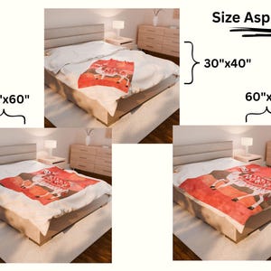 May include: A red and white blanket with a decorative design featuring a llama. The blanket is displayed on a bed, with size options of 30"x40", 50"x60", and 60"x80". The blanket is a cozy home decor item.