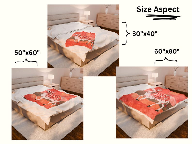 May include: A red and white blanket with a decorative design featuring a llama. The blanket is displayed on a bed, with size options of 30"x40", 50"x60", and 60"x80". The blanket is a cozy home decor item.