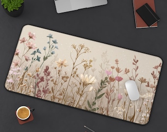 Neutral Wildflower Desk Mat – Boho Office Decor | Minimal Botanical Mouse Pad, Large Desk Pad for Home & Gaming, Aesthetic Workspace Gift