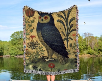 Owl Woven Blanket, Boho Owl Lover Gift Throw, Tapestry Gift for Owl Lovers, Owl Bedroom Decor, Bird Nerd Blanket, Medieval Decor