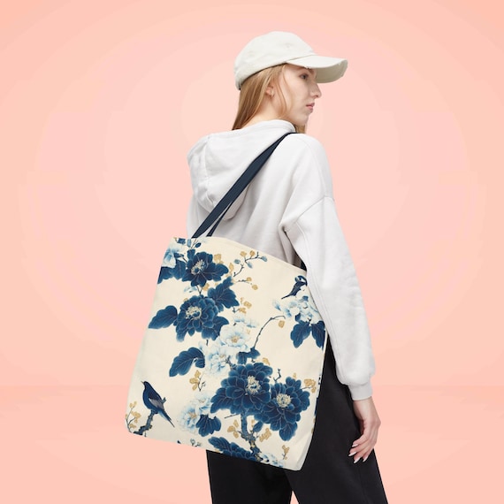 Chinoiserie Tote, French toile fabric tote, toile tote bag, chinoiserie tote bag, blue toile de jouy, blue white bag, floral shopping bag