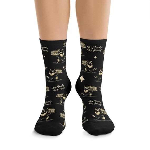 Groovy Raccoon, Crew Socks, Trash Panda Socks, Stay trashy Socks, Cryptid Socks, Opossum Socks, Novelty Racoon Socks, Racoon Mens Socks