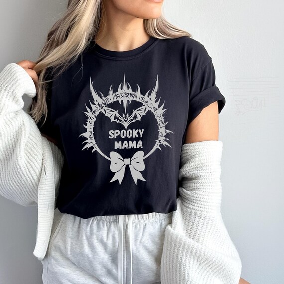 Halloween Mom Shirt, Spooky Mama Halloween Shirt with Bat & Bow, Cute Comfort Colors Tee | Fall Graphic Tee, Custom Halloween Gift Shirt