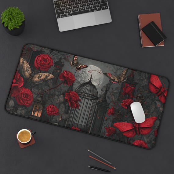 Gothic Moth Desk Mat, Dark Academia Graveyard Mouse Pad, Black Crimson Gothic Decor, Occult Wrought Iron Roses Candlelit Crypt