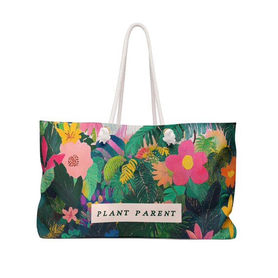 plant parent weekender bag, leopard weekender, ladies weekender, plant lady bag, cat and plant bag, plant mom, botanical gift, botanical cat