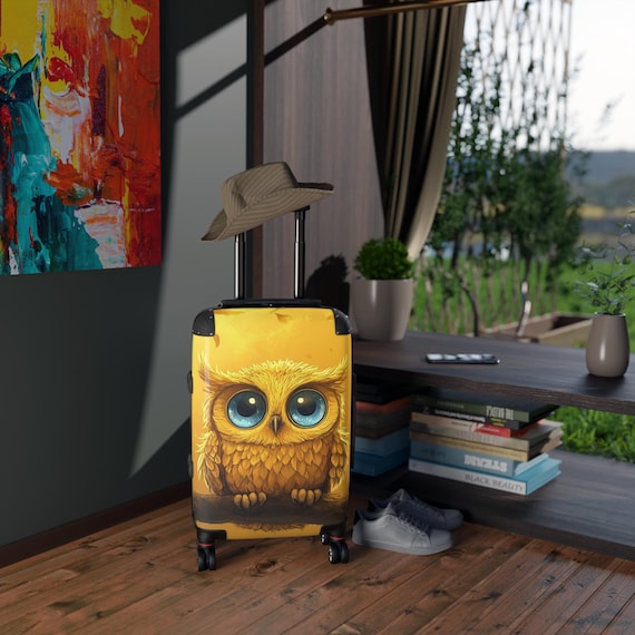 owl luggage, owl lover gift, owl suitcase, Cabin Suitcase, carry on bag, rolling luggage, Childrens, luggage suitcase, yellow owl, cute owls