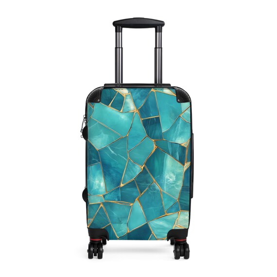 teal suitcase, Turquoise Cabin Suitcase, cracked glass art, Broken Glass, cracked marbles, Stained glass, Mosaic art bag, Set of 3 Suitcases