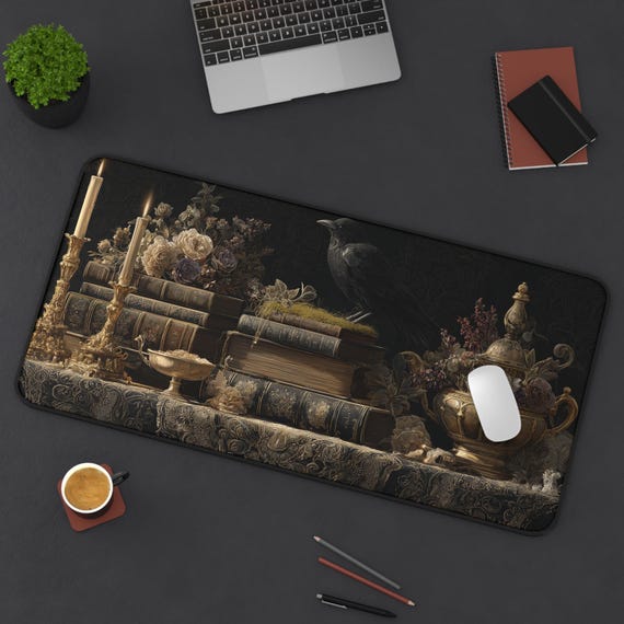 Cottagecore Raven Desk Pad, Gothic Desk Mat, Dark Academia Mouse Pad, Vintage Book Candle Mat, Large Office Gaming Desk Cover