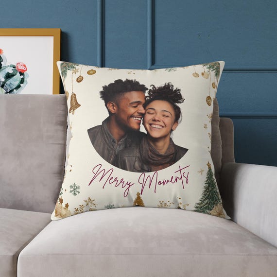 Custom Couple Pillow, Couple Photo Cushion, Personalized Christmas Gift, Romantic Holiday Decor, Cozy Winter Keepsake, Cozy Holiday Cushion