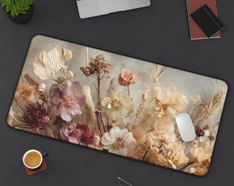 Neutral Floral Desk Mat | Boho Dried Flowers Mouse Pad | Aesthetic Office Desk Pad | Large Gaming Mat | Cottagecore Workspace Decor Gift