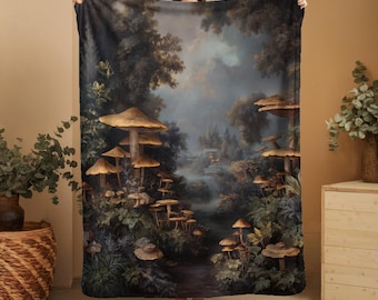 Enchanted Mushroom Forest Throw, Cottagecore Throw, Fantasy Woodland Tapestry, Dark Nature Art Throw, Cozy Aesthetic Gift, Witchy Home Decor