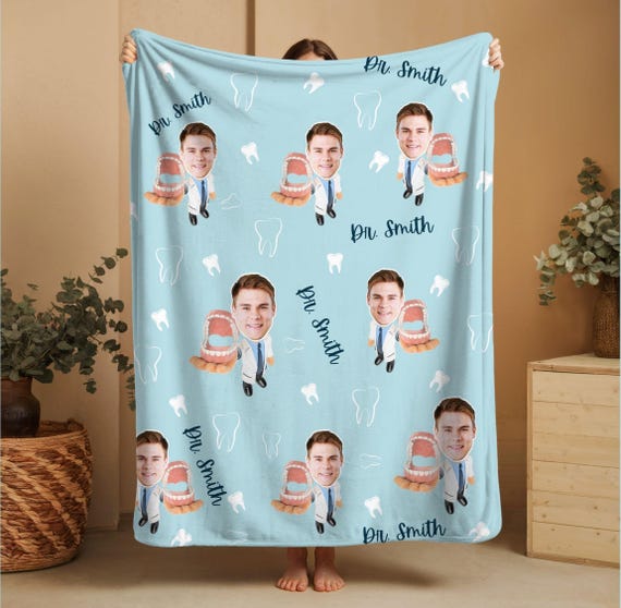 Custom Face Blanket • Personalized Photo Blanket with Saying • Funny Dentist or Nurse Gift Idea • Custom Made Blanket with Pictures & Text