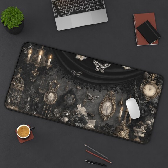Moth Victorian Mourning Desk Mat, Gothic Lace Office Mouse Pad, Dark Academia Jet Jewelry Decor, Occult Grayscale Workspace Gift