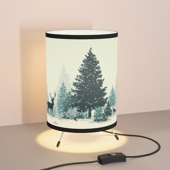 Winter Forest Tripod Lamp with Deer & Pine Trees | Cozy Nordic Christmas Decor | Holiday Gift, Cute Christmas Gift, Table Lamp, Home Decor