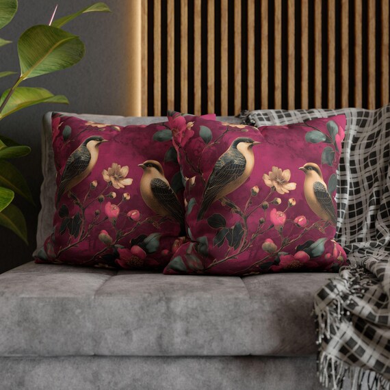 Chinoiserie Bird Pillow and Pillow Covers – Floral Throw Pillow, Maroon Botanical Decor, Elegant Gift for Her, Sofa or Bedroom Accent