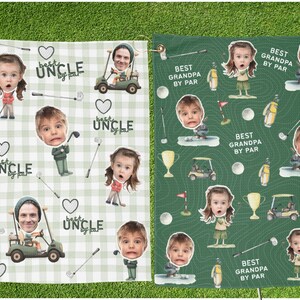 May include: Two golf towels with personalized graphics. One towel has a green and white checkered pattern with the text "Best Uncle by Par" and cartoon faces. The other towel is green with the text "Best Grandpa by Par" and golf-themed illustrations.