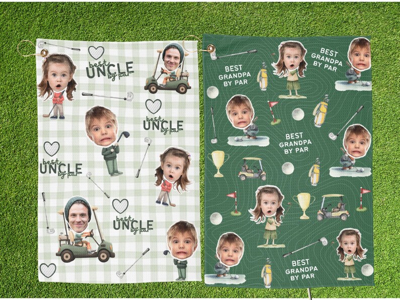 May include: Two golf towels with personalized graphics. One towel has a green and white checkered pattern with the text "Best Uncle by Par" and cartoon faces. The other towel is green with the text "Best Grandpa by Par" and golf-themed illustrations.