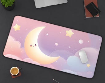 Cute Kawaii Moon Desk Mat – Pastel Galaxy Mousepad | Large Desk Pad for Gaming, Office & Study | Aesthetic Desk Decor