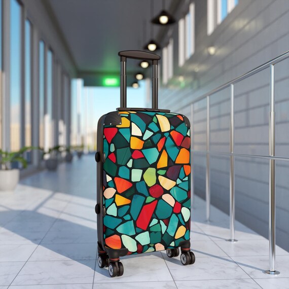 teal suitcase, Turquoise Cabin Suitcase, cracked glass art, Broken Glass, cracked marbles, Stained glass, Mosaic art bag, Set of 3 Suitcases