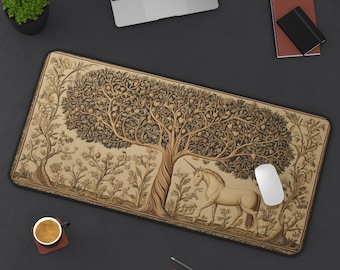 Tappetino da scrivania con unicorno in stile vintage / Tappetino da scrivania con arte botanica / Decorazione estetica medievale per l'area di lavoro / Tappetino per mouse da ufficio di grandi dimensioni