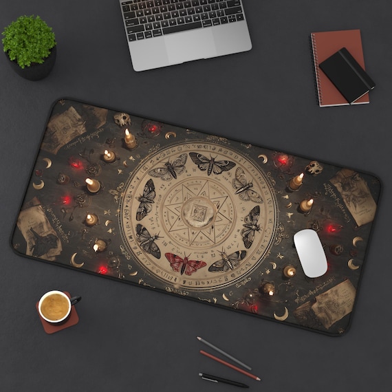 Occult Desk Mat, Witchy Gaming Mouse Pad, Moth Candle Altar Design, Gothic Dark Academia Office Decor, Esoteric Workspace Gift