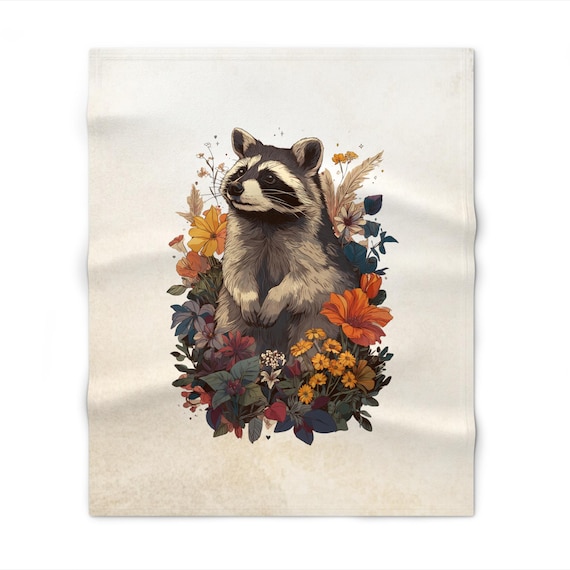 Minimalist Raccoon Blanket – Simple Modern Animal Throw, Cozy Fleece Bed or Sofa Decor Gift, Floral Raccoon Blanket
