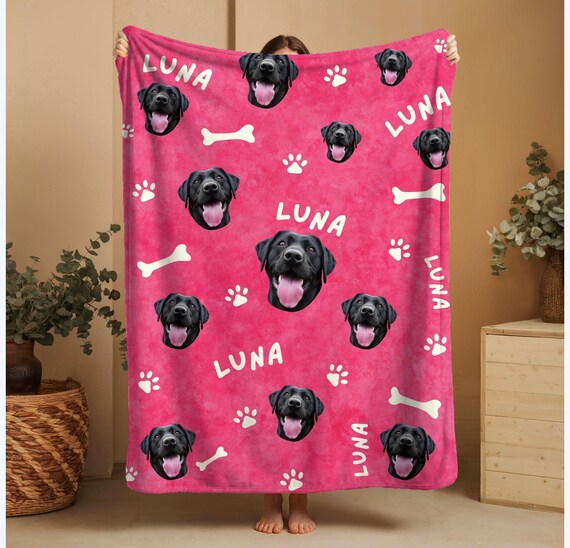 Custom Pet Blanket • Pink Dog Blanket with Puppy Faces • Personalized Photo Dog Throw • New Puppy Gift & Dog Picture Blanket for Pet Beds