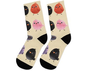 Cute Bird Socks | Colorful Cartoon Crow & Songbird Crew Socks | Kawaii Animal Socks | Fun Gift for Bird Lovers | Cute Animal Pattern Socks