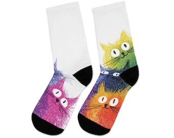 Colorful Cat Socks for Men Women – Playful Multicolor Cat Art Crew Socks, Cute Animal Socks, Aesthetic Cat Lover Gift