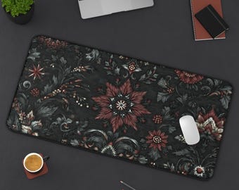Dark Floral Desk Mat, Baroque Style Mouse Pad, Elegant Office Decor, Gothic Botanical Desk Pad, Aesthetic Workspace Gift