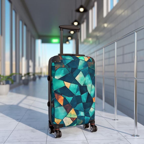 teal suitcase, Turquoise Cabin Suitcase, cracked glass art, Broken Glass, cracked marbles, Stained glass, Mosaic art bag, Set of 3 Suitcases