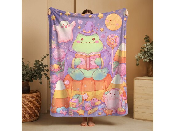 Frog Baby Blanket, pink ghost blanket, kawaii frog gift, pink halloween blanket, kawaii bed blanket, cute core kawaii, pinkoween Blanket