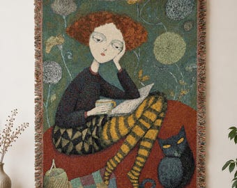 woven tapestry dark academia, book wall tapestry, Cottagecore Tapestry, Folkore Inspired Tapestry, reading lover throw, available in 4 types